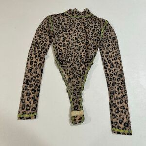 Oh Polly Leopard Mesh Bodysuit Size 4 Sheer Long Sleeve Snaps Y2K Clubwear